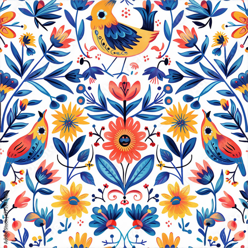 Cheerful bird and flower folk pattern