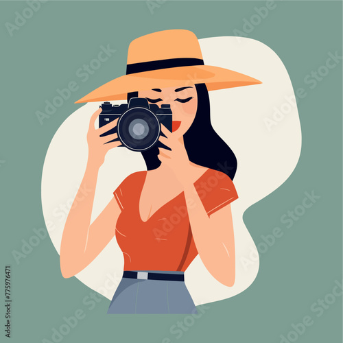 woman holding camera flat vec...