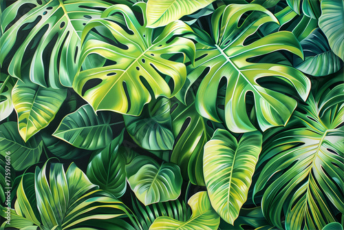 Lush monstera leaves in shades of green
