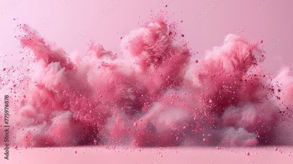 On White Background, exploding pink dust. Abstract pink powder splatters on White Background.