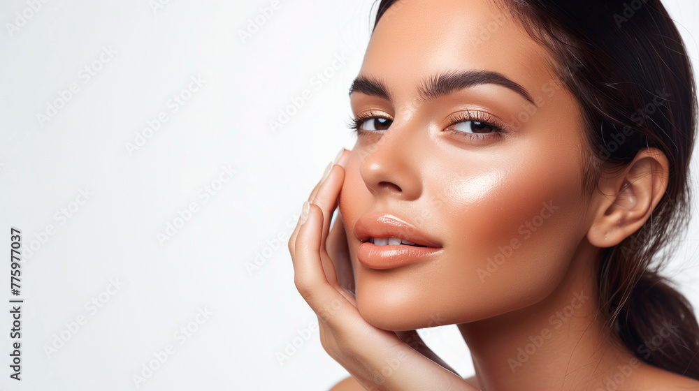 Skin concept, Beauty portrait of young indian woman model on white background, high quality, hand touching on face Skin concept, Beauty portrait of young indian woman model on white background, high quality, hand touching on face