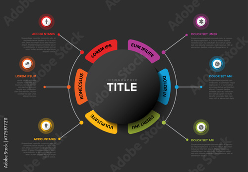 Simple Dark Colorful Circular Infographic Design Template with six element and title in the middle