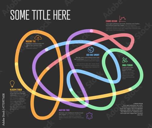 Dark Infographic with colorful swirling curves in big tangle text and icons for various data points