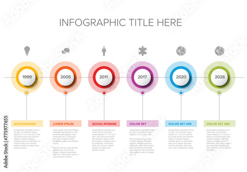 Six circle steps timeline process infographic template with icons