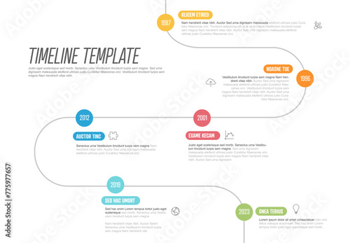 Vector Infographic Company Milestones curved Timeline Template with circle marks