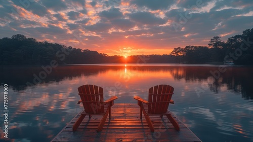 Fototapeta Naklejka Na Ścianę i Meble -  The sun rises on two empty chairs located on a dock on a lake