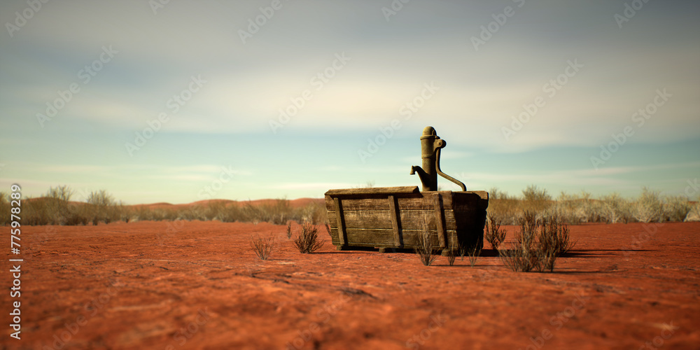 Fototapeta premium Water trough in sunny desolate desert.