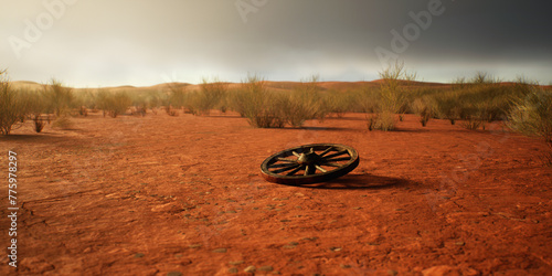 Wooden wheel in desolate desert with cloudy sky.