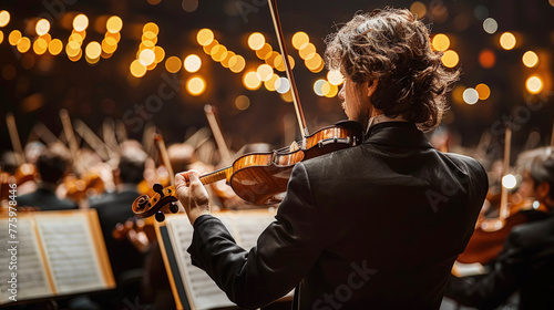 Violinist playing in orchestra. Symphony orchestra concert, musical evening, classical music.