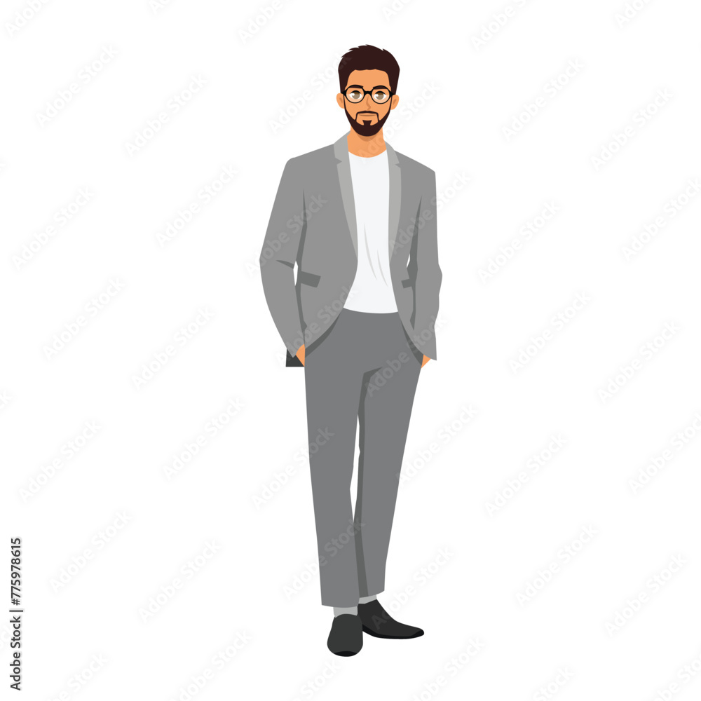 Businessman in grey suit standing with hands in pockets. Flat vector illustration isolated on white background Businessman in grey suit standing with hands in pockets. Flat vector illustration isolated on white background