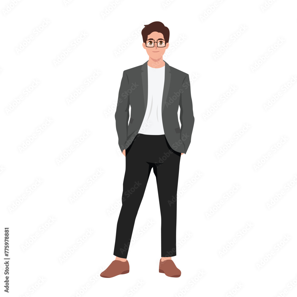 Young businessman in formal suit standing with hands in pockets. Flat vector illustration isolated on white background Young businessman in formal suit standing with hands in pockets. Flat vector illustration isolated on white background