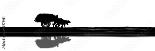 Illustration black and white background, silhouette, Thai way of life A farmer drives a cart loaded with rice straw which is pulled by two buffaloes along a path silhouetted in the water. alone photo