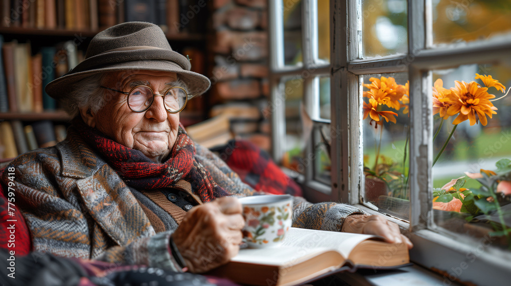 Elderly person reading by window with flowers, cozy atmosphere. Elderly person reading by window with flowers, cozy atmosphere.
