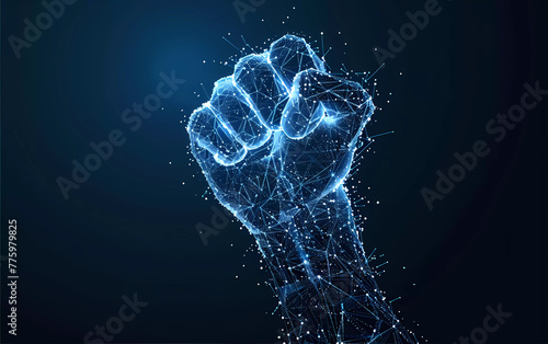 Abstract raise fist low ploygonal art.luminance line on dark blue background.