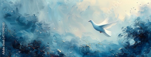 watercolor style painting, A soft spring background, with a dove flying in the distance in a blue sky photo