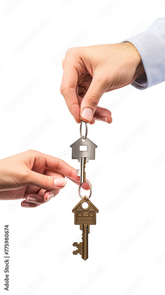 Woman giving key to man, Key in the shape of house, unique, real estate, high quality Woman giving key to man, Key in the shape of house, unique, real estate, high quality