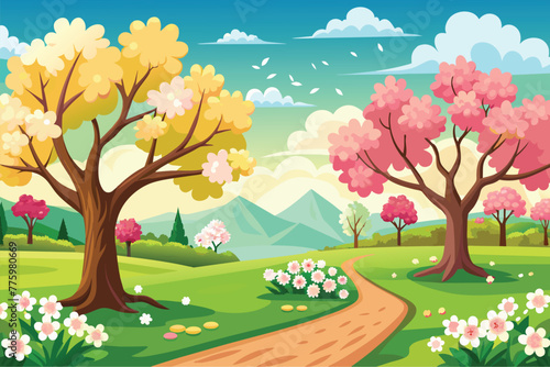 spring-or-summer-field-or-park-with-trees-flower for kids background vector illustration.