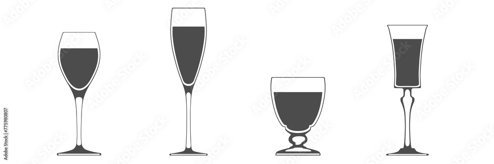 Set of glasses full of wine. Isolated flat icon symbol. Set of glasses full of wine. Isolated flat icon symbol.