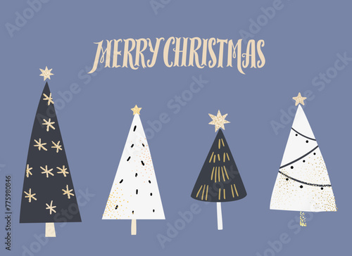 Handmade minimalist Christmas card, hand drawn trees silhouettes decorated with stars and textures. Golden sparkle elements on blue and black background