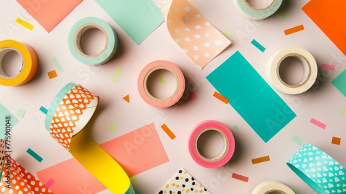 Colorful washi tape rolls, arranged in a playful pattern against a craft paper background, showcasing creativity and the joy of personalizing projects low noise photo