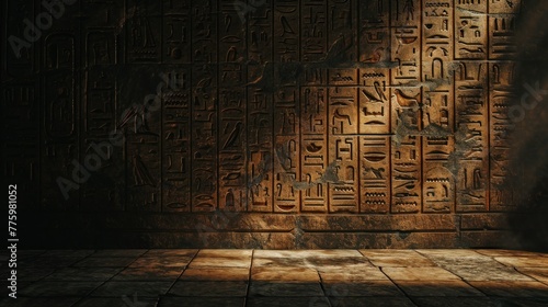 Detail of Egyptian inscriptions and paintings on Egyptian temples, ceilings and walls
