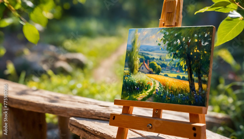 a painting of a landscape on a wooden easel with a bench in the foreground and a tree in the background