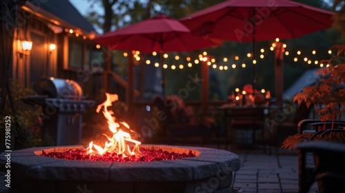 Beautiful backyard firepit at dusk with comfortable chairs