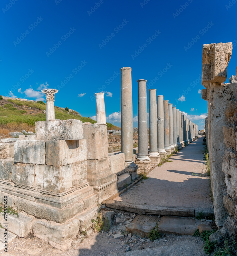 Picturesque ruins of the ancient city of Perge in Turkey. Perge open air museum.