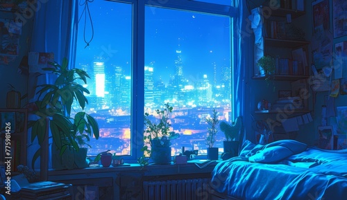 night time, window with city lights outside, potted plants on the window