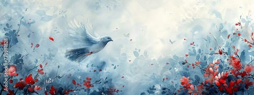 watercolor style painting, A soft spring background, with a dove flying in the distance in a blue sky