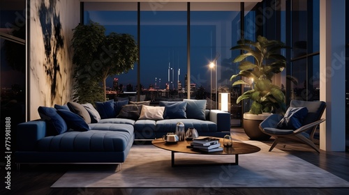 A contemporary living room with a striking blue sofa as the focal point, surrounded by sleek modern furniture and bathed in soft ambient lighting