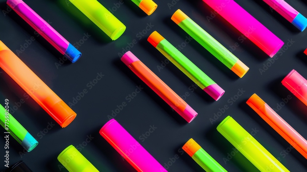 An array of vibrant highlighters, their neon colors standing out against a dark grey background, emphasizing their utility in bringing brightness and organization to notes low texture An array of vibrant highlighters, their neon colors standing out against a dark grey background, emphasizing their utility in bringing brightness and organization to notes low texture