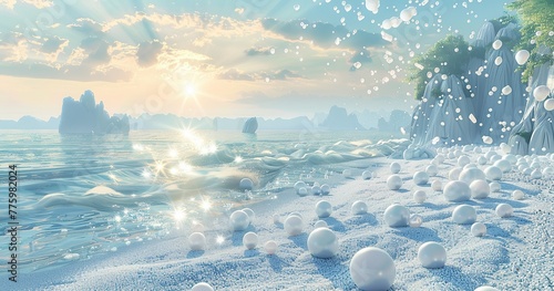 many Pearl, placed on white sand beach, in the water, waves, sunshine, a Chinese landscape painting made with white jade mountain, beautiful romance, HD rendering, virtual engine photo