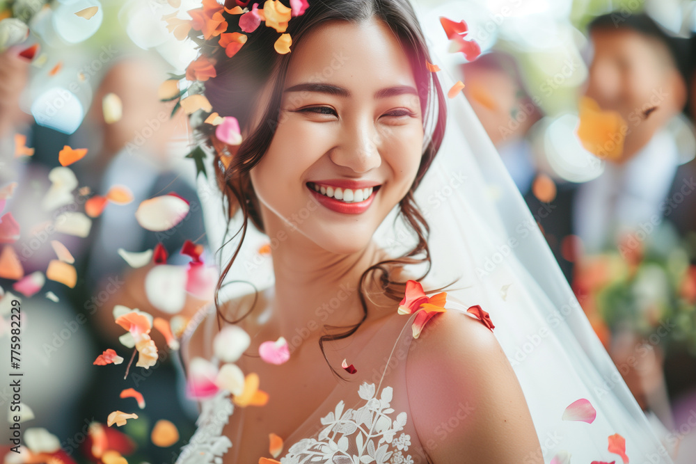 Happy and beautiful Asian bride during an outdoors wedding ceremony. Closeup