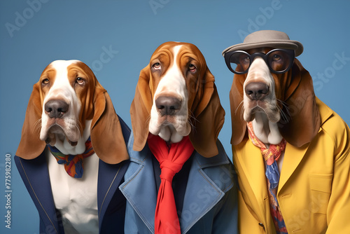 Gang family of basset hound dog in vibrant bright fashionable outfits, commercial, editorial advertisement, surreal surrealism. Group shot.	