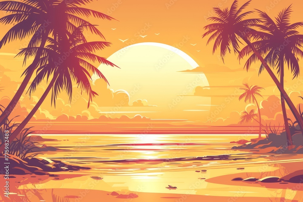 Tropical beach sunset with palm trees and sea illustration