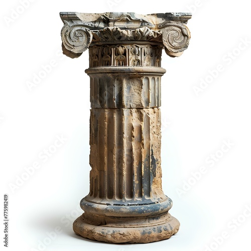 Old greek column isolated on white background with shadow. Green column isolated. Doric column. Ionic column. Corinthian column