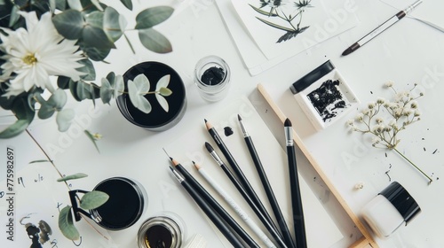 A wellorganized calligraphy set, including nibs, ink pots, and practice sheets, set against a clean, bright workspace, inviting the art of beautiful writing low noise photo