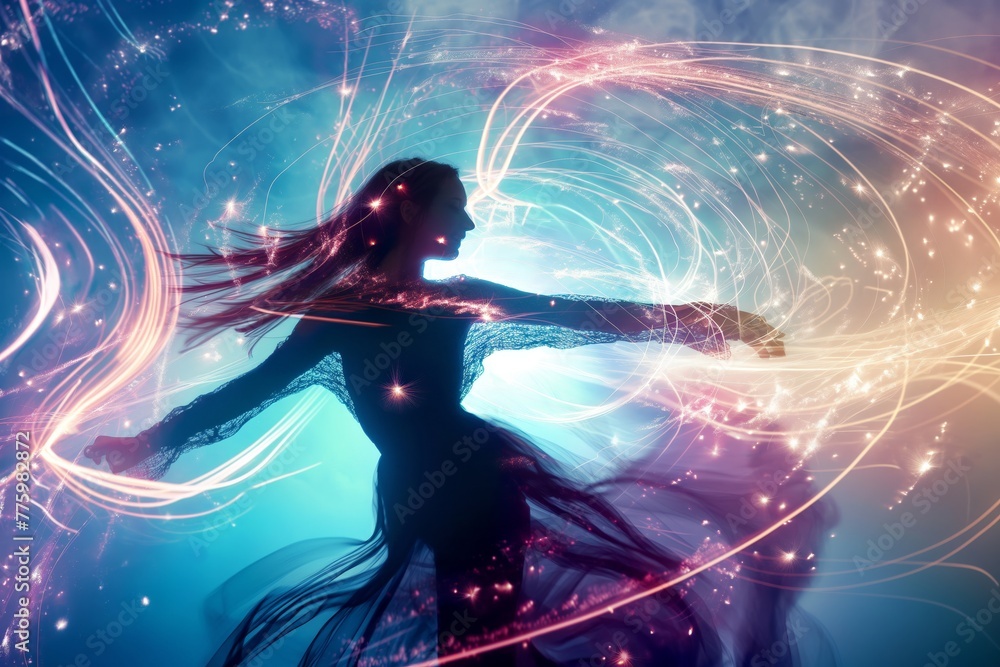 Silhouette of a woman with dynamic light effects swirling around her.