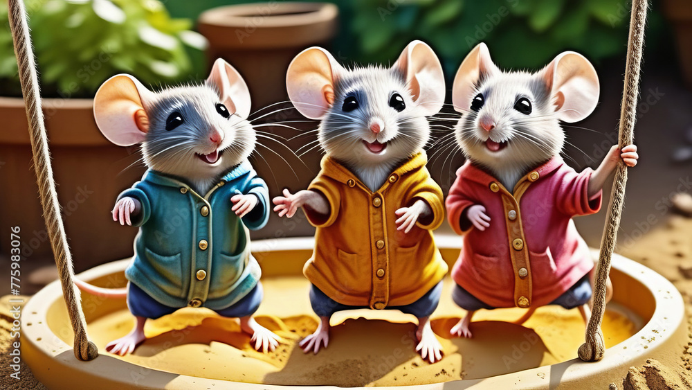 Little funny mice in bright clothes are having fun in the backyard of ...