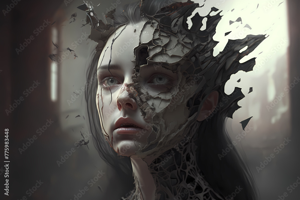Self destruction woman distorted face shattering Self destruction woman distorted face shattering