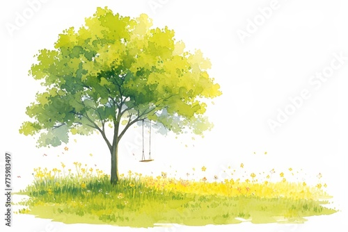 watercolor, simple clip art of a tree with a swing hanging from a branch in a meadow