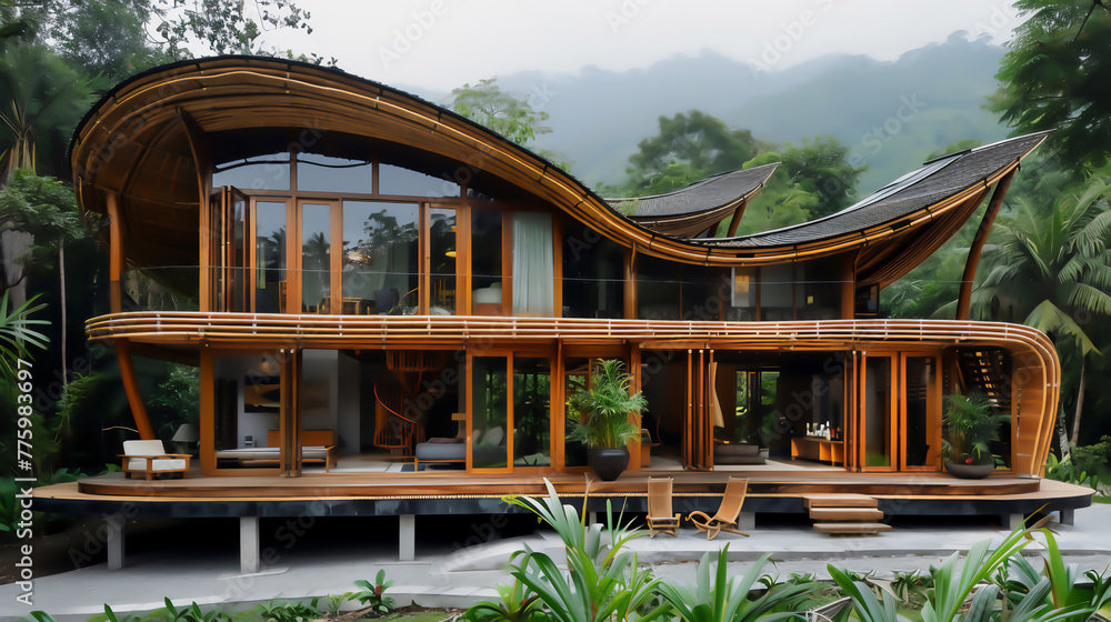 Low-energy home harnessing natural energies, built with recycled bamboo, steel, cement, and teak for sustainability