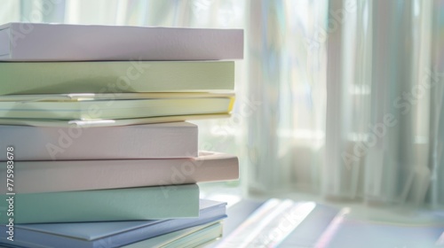 A stack of freshly bound notebooks  their covers a spectrum of pastel hues  against a backdrop of sunlight filtering through a window  showcasing potential and new beginnings low texture