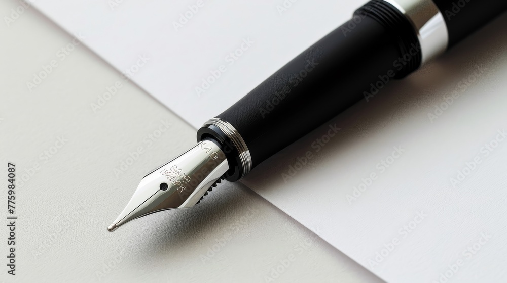 A sleek, matte black fountain pen, its elegant silhouette set against a backdrop of crisp, white parchment, highlighting the fusion of modern design and timeless writing elegance hyper realistic A sleek, matte black fountain pen, its elegant silhouette set against a backdrop of crisp, white parchment, highlighting the fusion of modern design and timeless writing elegance hyper realistic