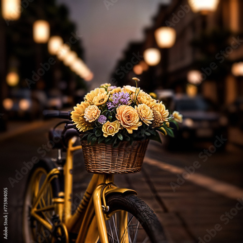 bouquet of flowers on the basket in front of a bicycle in a calm and beautiful evening city environment with warm lights and out of focus background created with using Generative Ai Technology