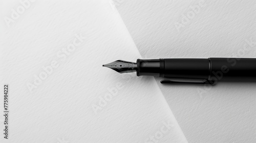 A sleek, matte black fountain pen, its elegant silhouette set against a backdrop of crisp, white parchment, highlighting the fusion of modern design and timeless writing elegance hyper realistic
