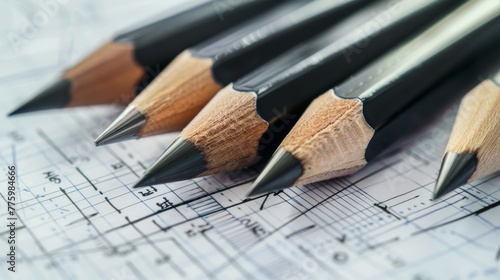 A set of precision drafting pencils, their sharp points and metallic accents highlighted against an architectural blueprint, emphasizing detail and design low noise photo