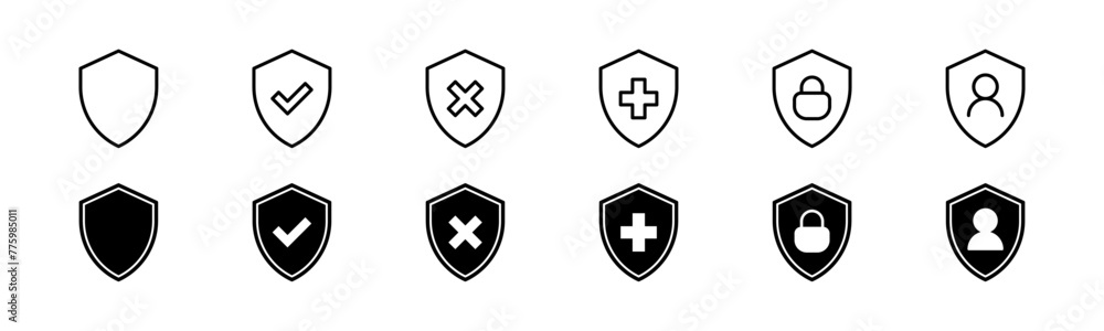 Fototapeta premium Shield icon set. Line and glyph shield protection symbol. Security shield vector