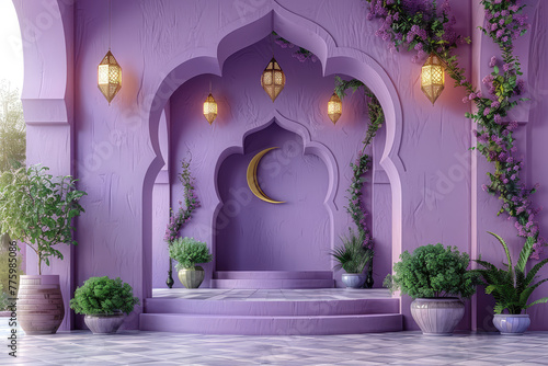3d render of purple ramadan islamic background with lantern  crescent moon and arched doorways. Created with Ai